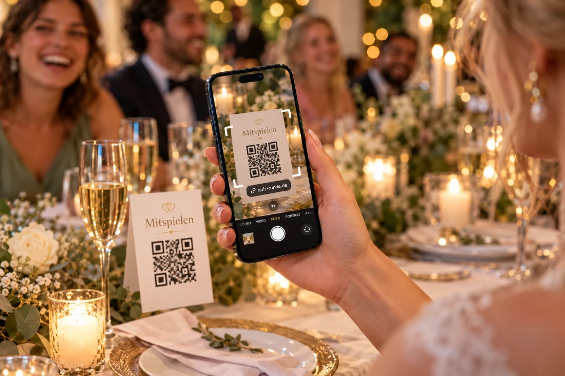 Ein Gast scannt mit dem Smartphone den QR-Code auf einem Hochzeitstisch.