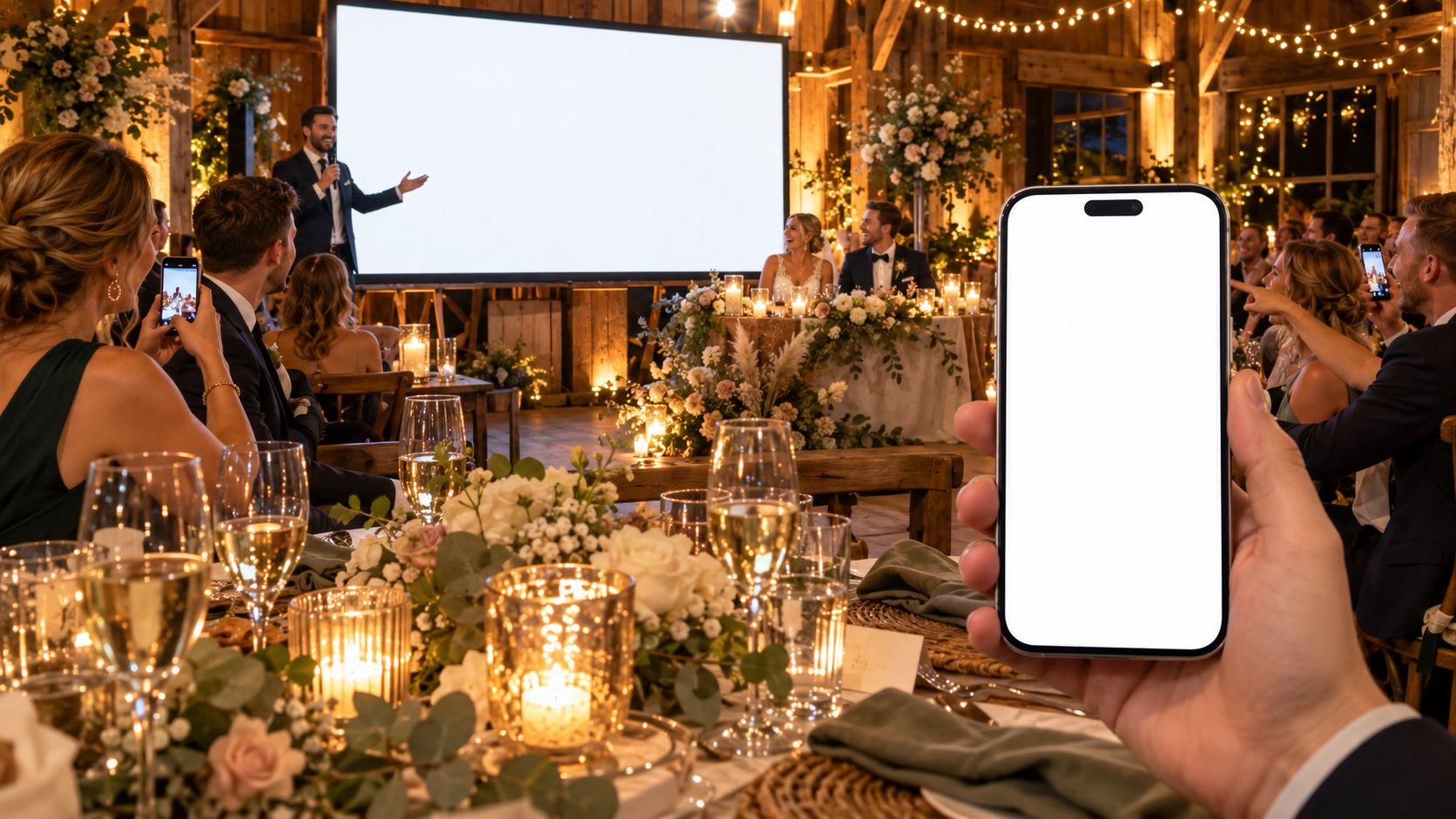 Blick vom Hochzeitstisch: Der Moderator steht neben der Leinwand, auf dem eigenen Handy erscheinen die Antworten